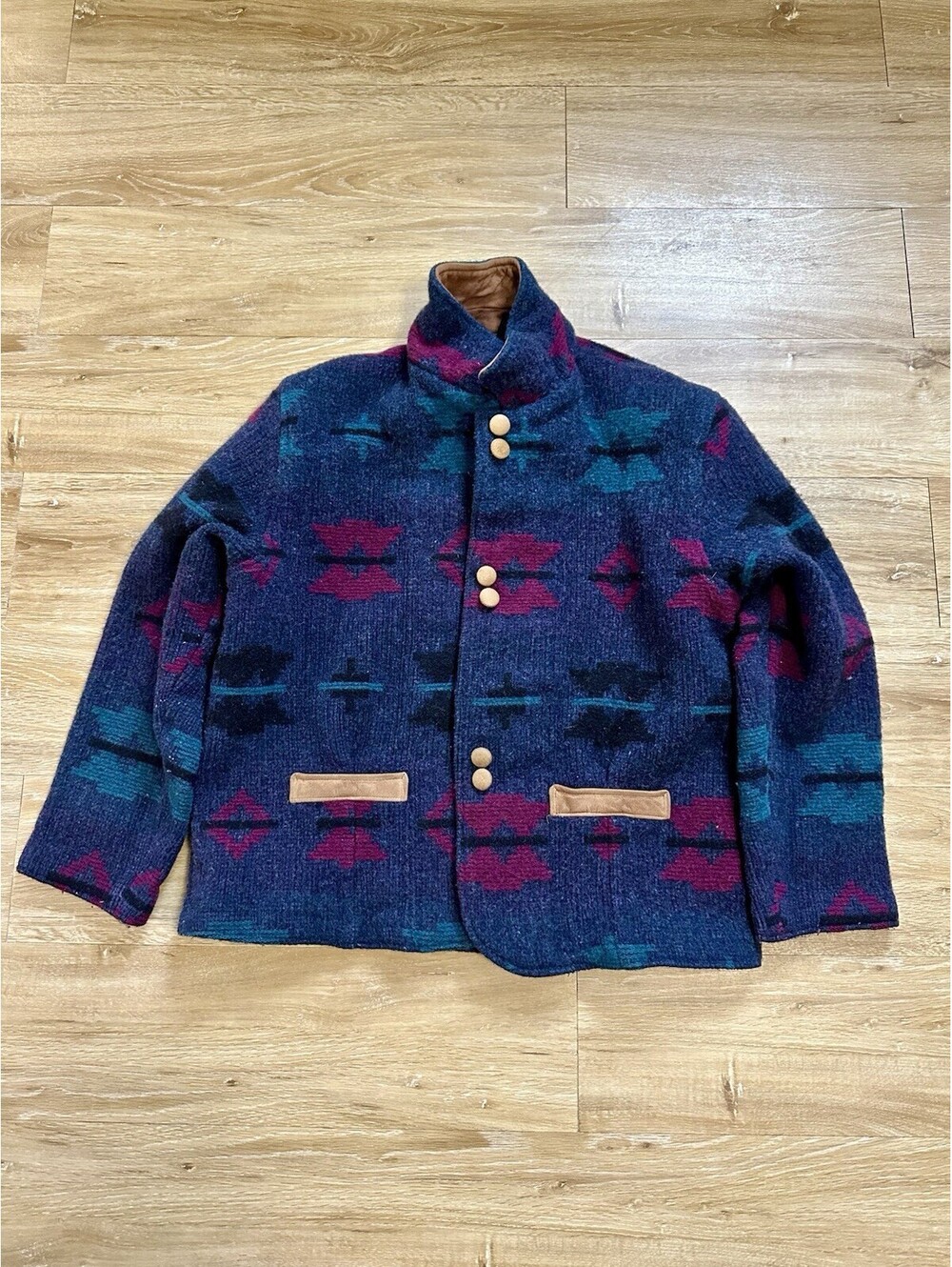 Vintage EMS Jacket Womens Large Wool Blend Suede Trim Aztec Southwestern 90s